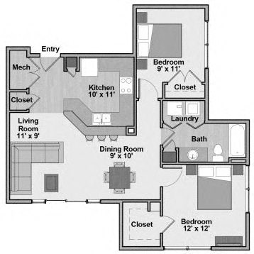 Floor plan for 2 beds, 1 bath, 882 sqft